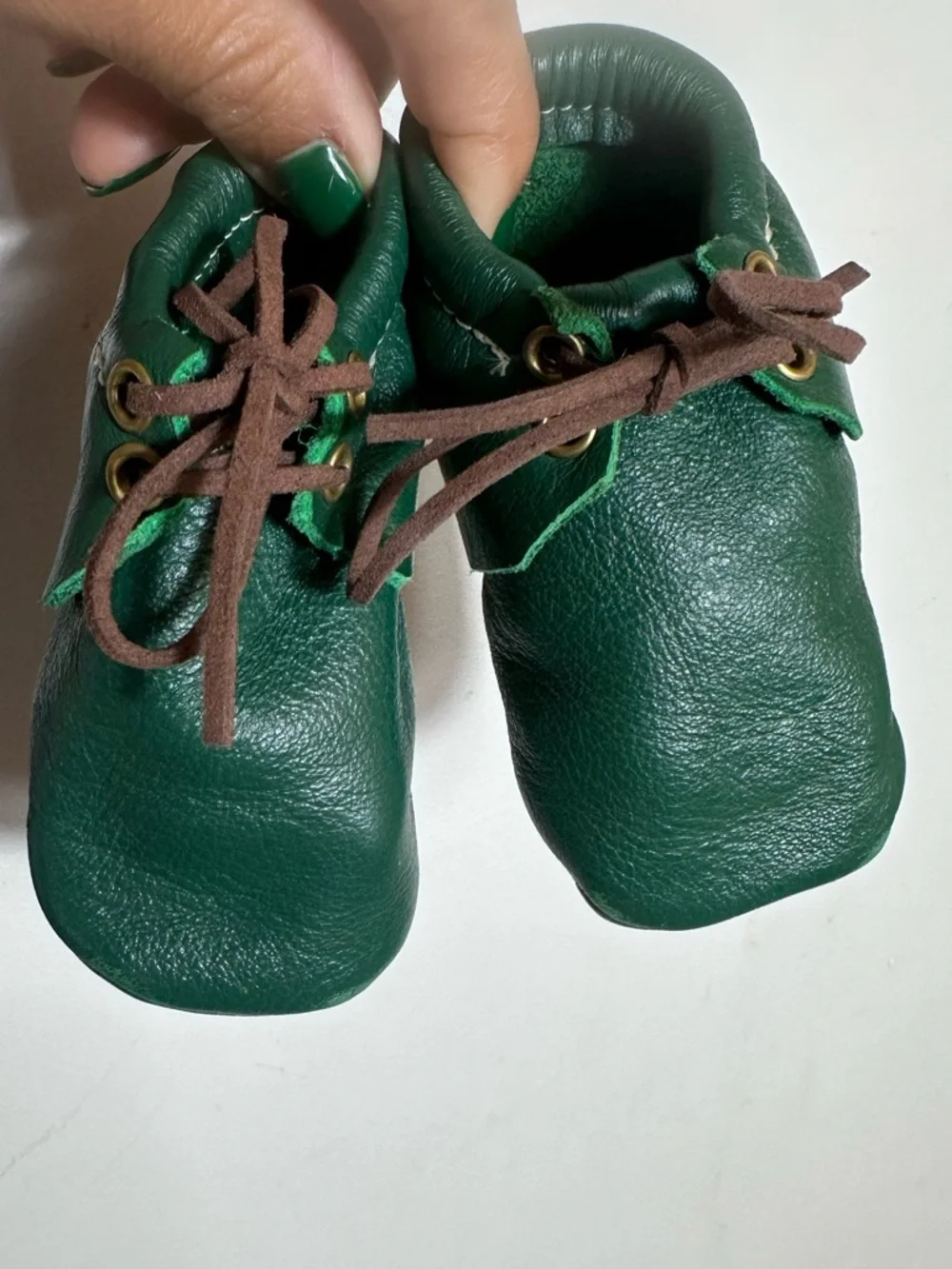 Baby Green Leather Moccasin Walker Shoes with Brown Laces